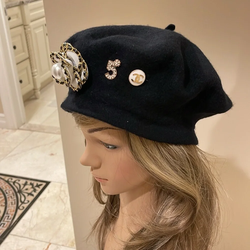 Chanel white Camellia French wool black beret hat - Picture 2 of 8